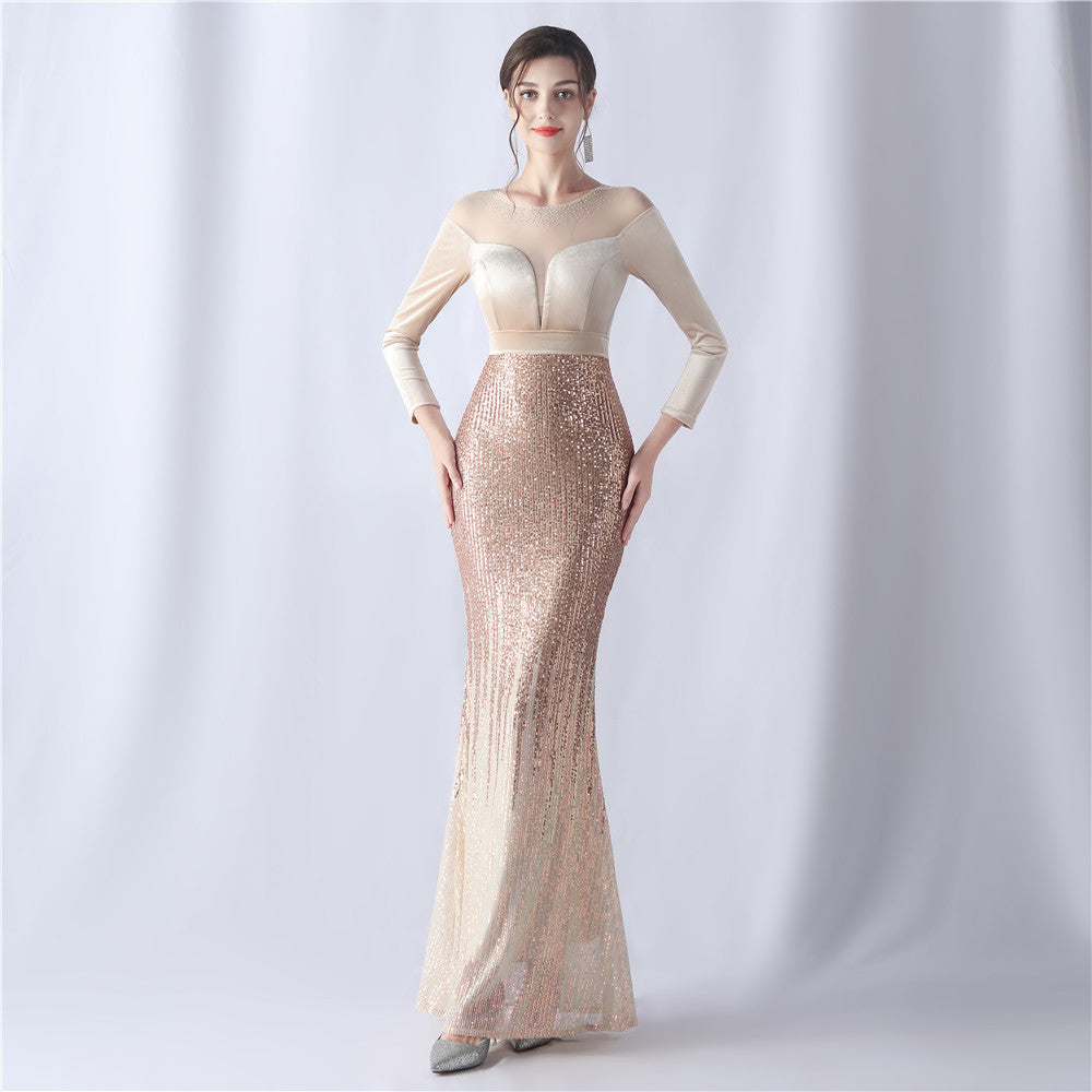 Formal Long Sleeve Patch Sequin Mermaid Evening Dress 5