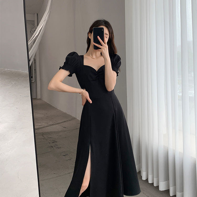 Women Summer French Style Puff Sleeve Square Neck Slit Long Dress 11