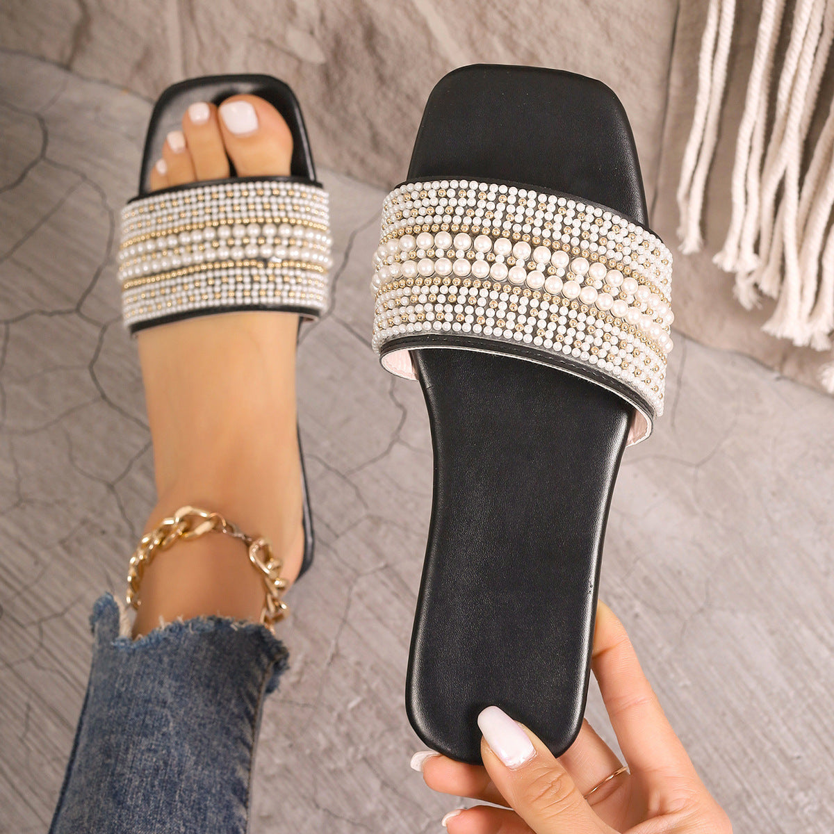 Plus Size women's square toe rhinestone beach sandals beaded flat bottom flip flops slipper