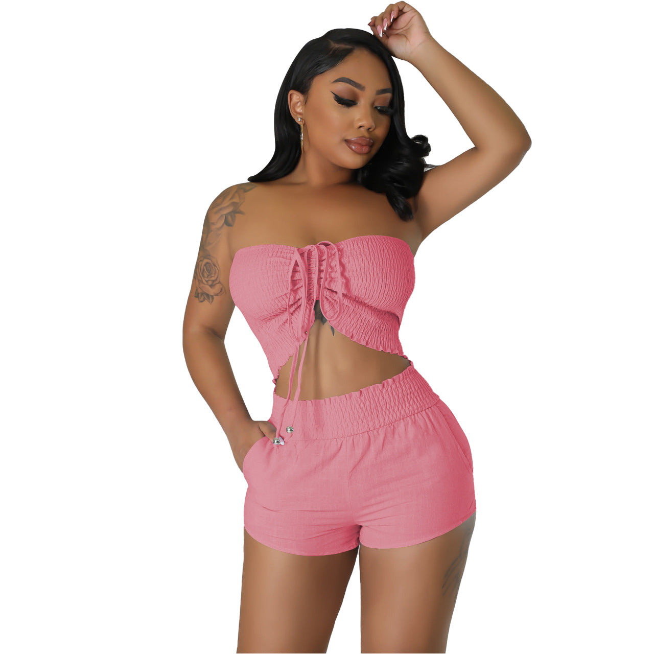 Women Sexy Off Shoulder Drawstring Crop Top and Shorts Two-Piece Set 4