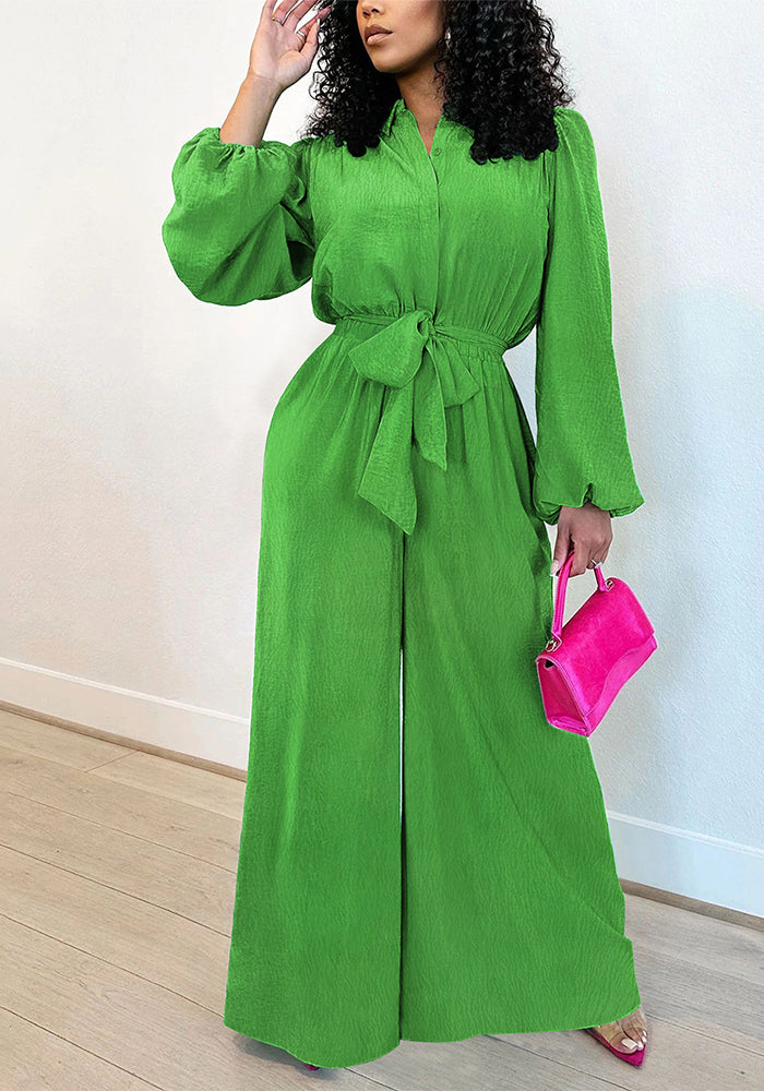 Fashion Women's Lantern Sleeve Solid Color Slim Waist Tie-Front Wide-Leg Jumpsuit
