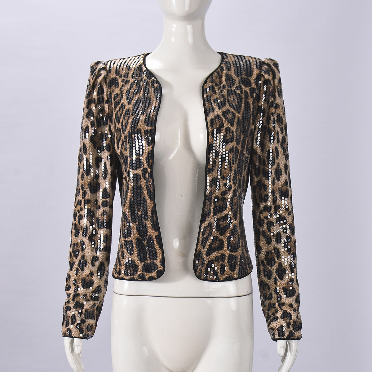 Women Leopard Sequin Long-Sleeved Blazer Coat 10