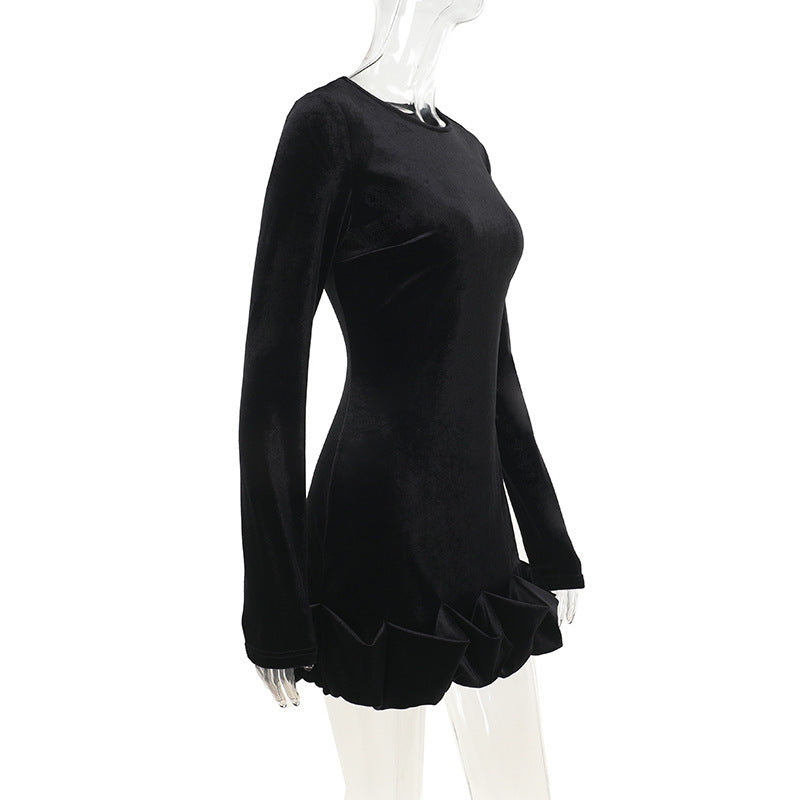 Women Fall Velvet Round Neck Pleated Long Sleeve Dress 9