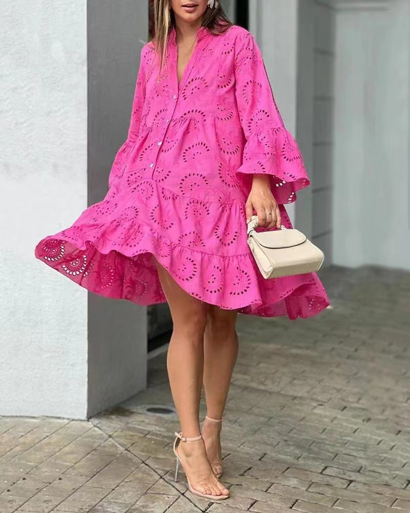 Spring And Summer Solid Color V-Neck Loose Embroidered Hollow Lace Dress