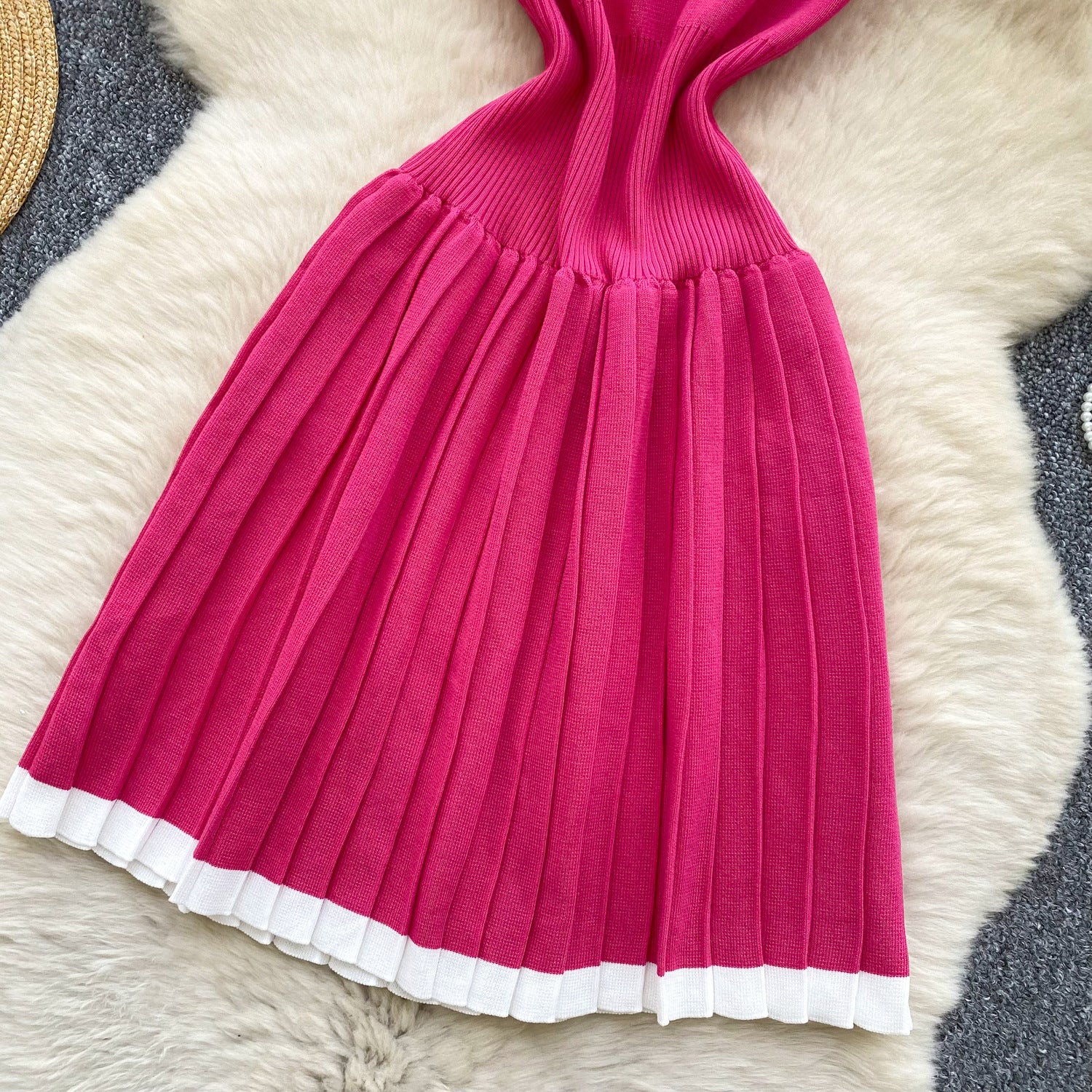 Women's Summer Sleeveless Knitting Slim Waist Contrast Color Pleated Dress 16