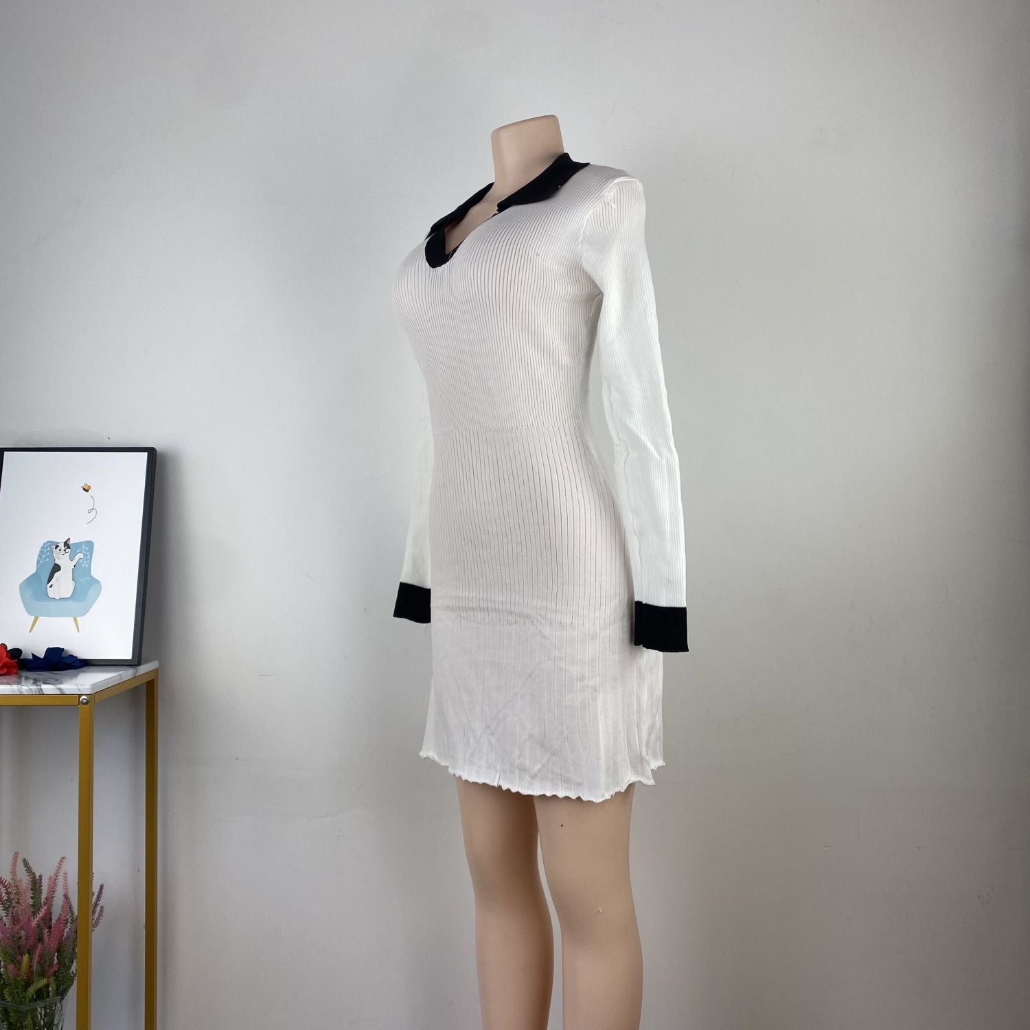 Autumn Casual Chic V-Neck Color Block Slim Fit Stretchy Knit Bodycon Dress 5