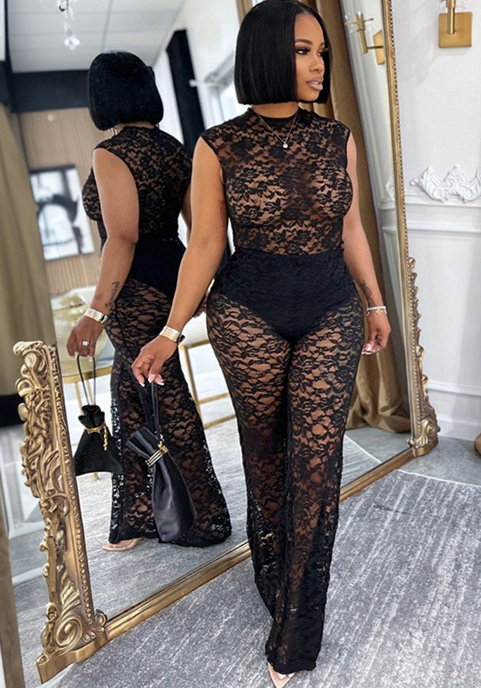 Women Sexy See-Through Lace Patchwork Bodysuit, Bell Bottom, Two-Piece Set