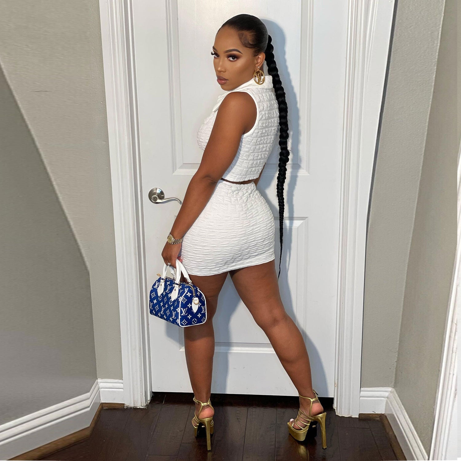 Women Sexy Solid Sleeveless Shirt Slim Nightclub Skirt Two Piece Set 7