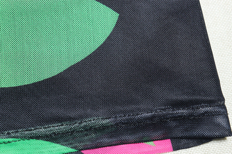 Women Print Round Neck Mesh Long Sleeve Bodycon Dress 14