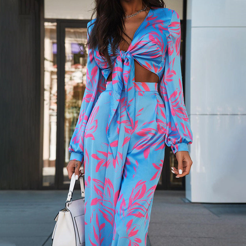 Spring Women's Fashion Sexy Shirt Straight High-Waist Wide-Leg Pants Set 4