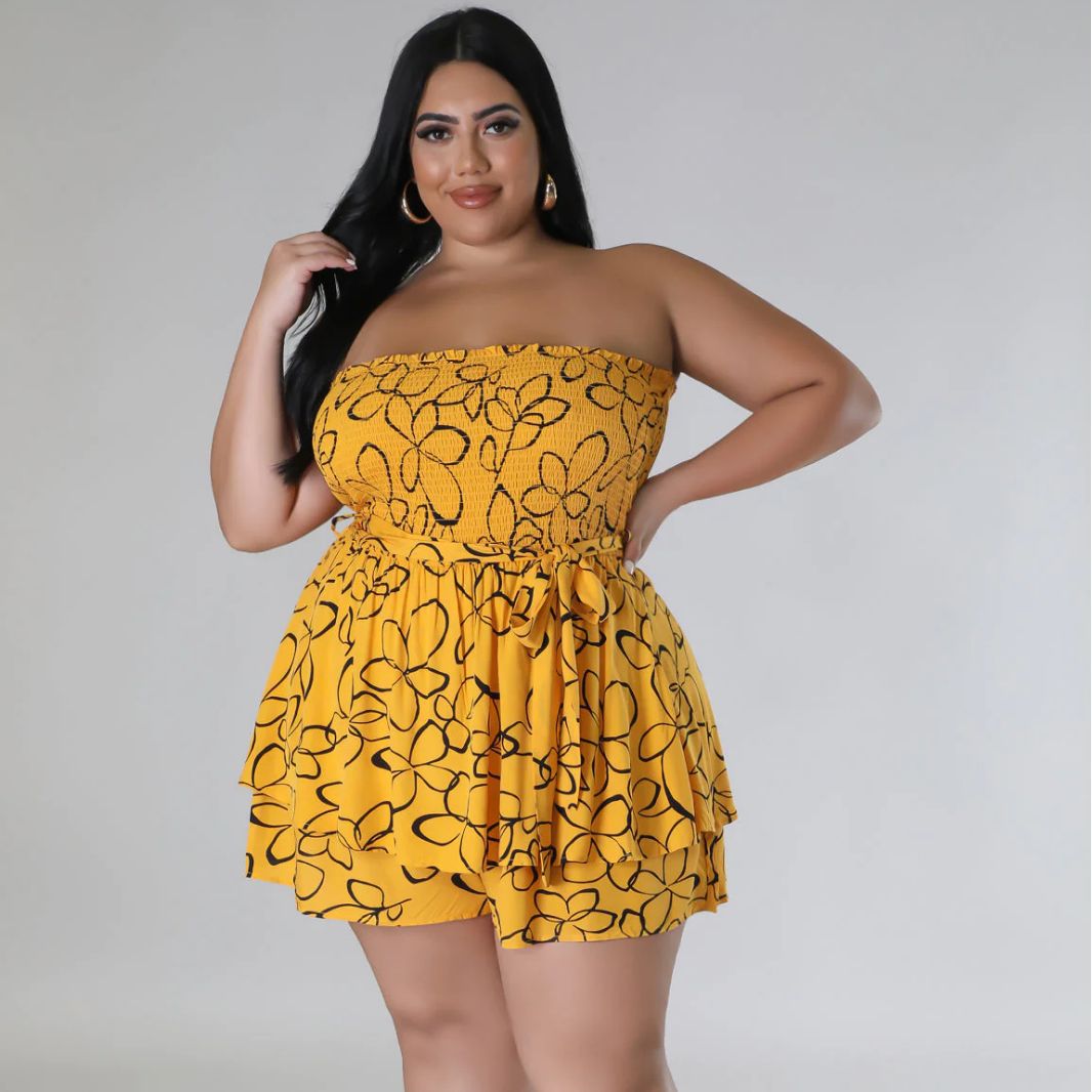 Summer Sexy Print Wrapped Chest Strapless Top Shorts Two-piece Plus Size Women's Set 3