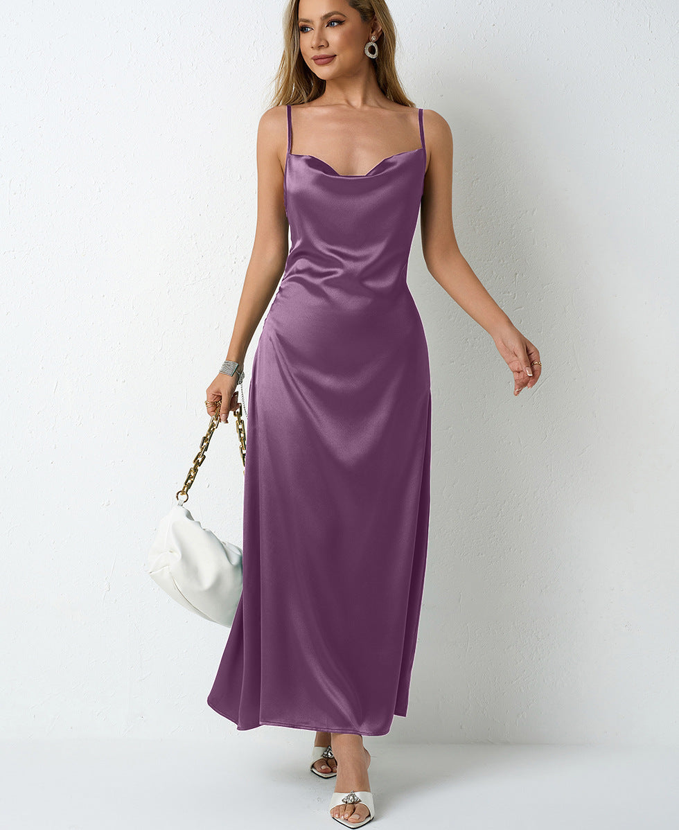Women Pleated Sleeveless Satin Dress 23
