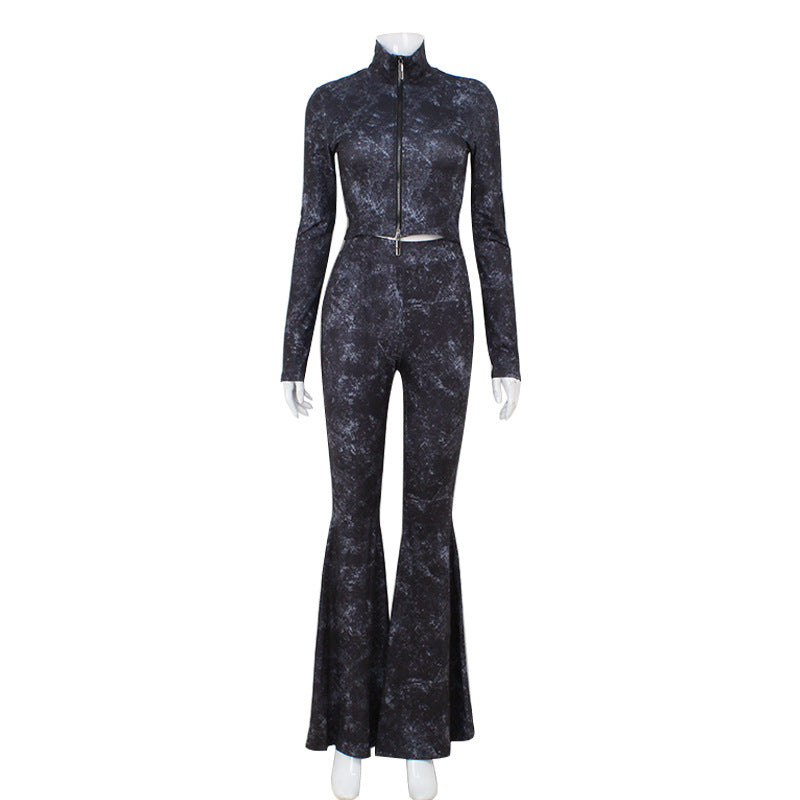 women's autumn fashion trend long sleeve zipper top Slim Fit Bell Bottom pants two piece set 8