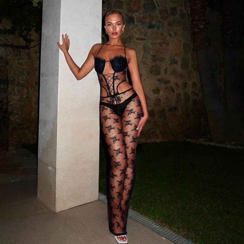 Women's Spring/Summer Lace Halter Neck Lace-Up Strapless Hollow Jumpsuit with Padding 7