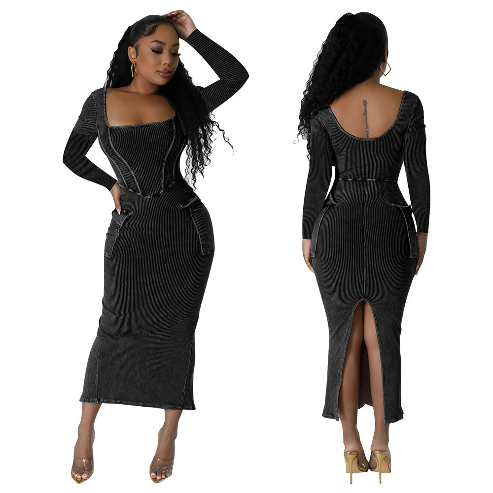 Women Sexy Long Sleeve Square Neck Slit Dress 3