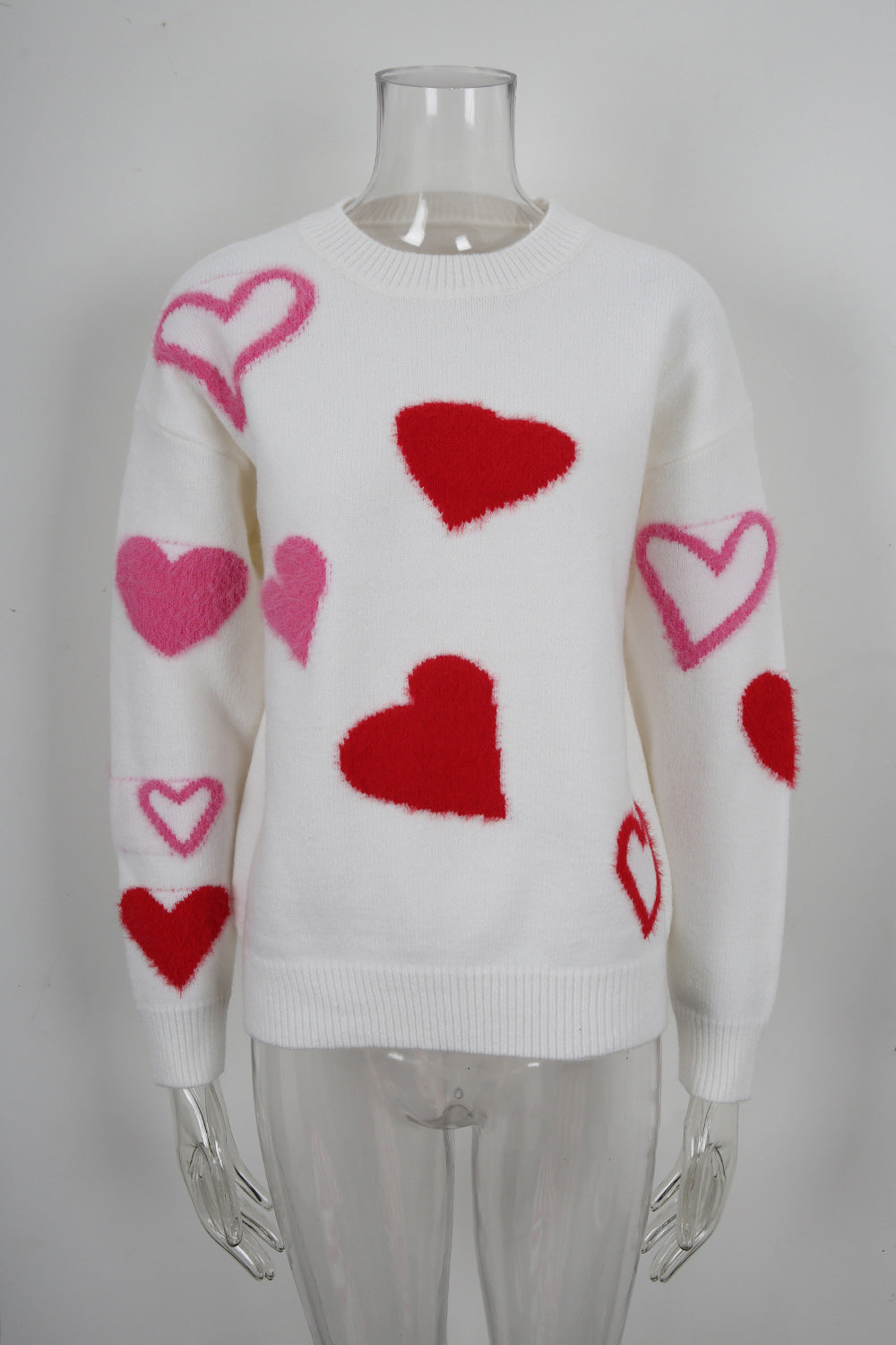 Spring Sweater Heart Print Valentine's Day Sweater Round Neck Knit Pullover Top 13