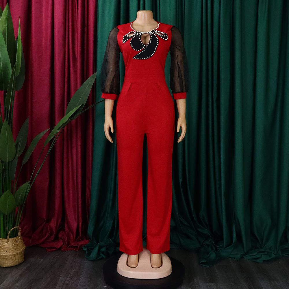 Women'S Summer Short Sleeve Puff Sleeve Beaded Sexy Wide Leg Slim Waist Plus Size Jumpsuit 12