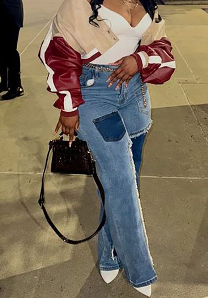 Women Casual Contrast Patchwork Denim Pants