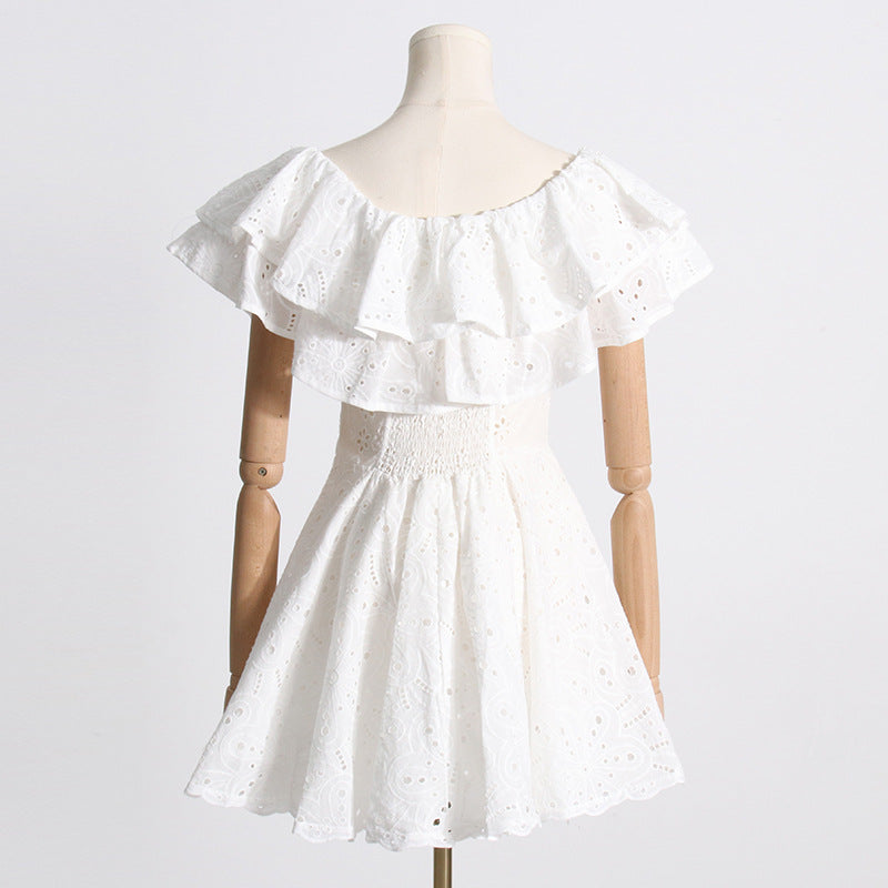 Summer Off Shoulder ruffle embroidered lace Slim Waist Slim Fit Holidays style dress 24