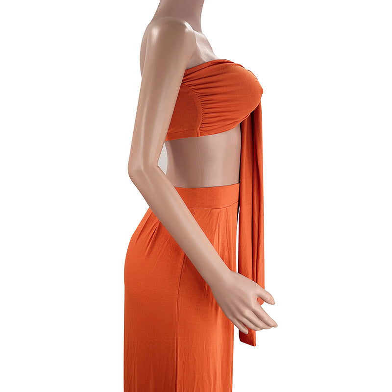 Women's Sexy Solid Color Tie Strapless Top Mid-Waist Wide Leg Pants Fashion Casual Two Piece Set 16