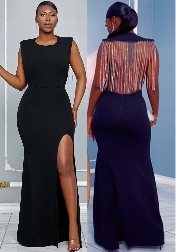 Round Neck Back Hollow Diamond Tassels Evening Dress