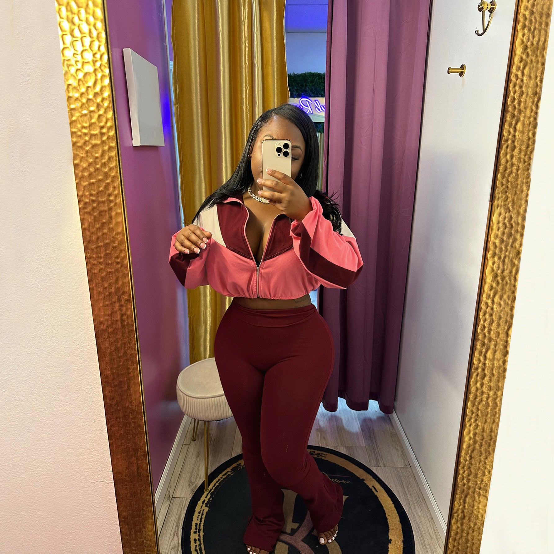 Women color matching zipper top and pant sports two piece set 3