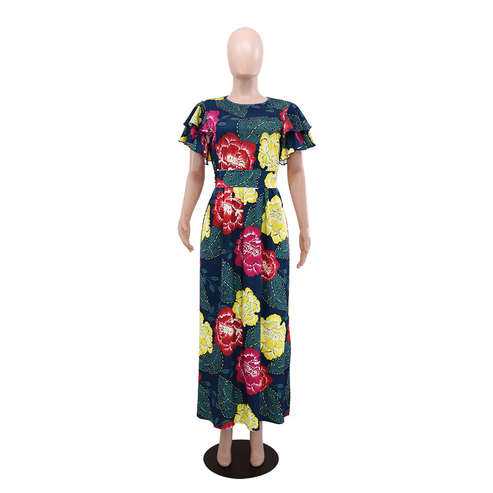 Chic Flower Print Ruffle Short Sleeve High Waist Belt Side Slit Long Dress 5