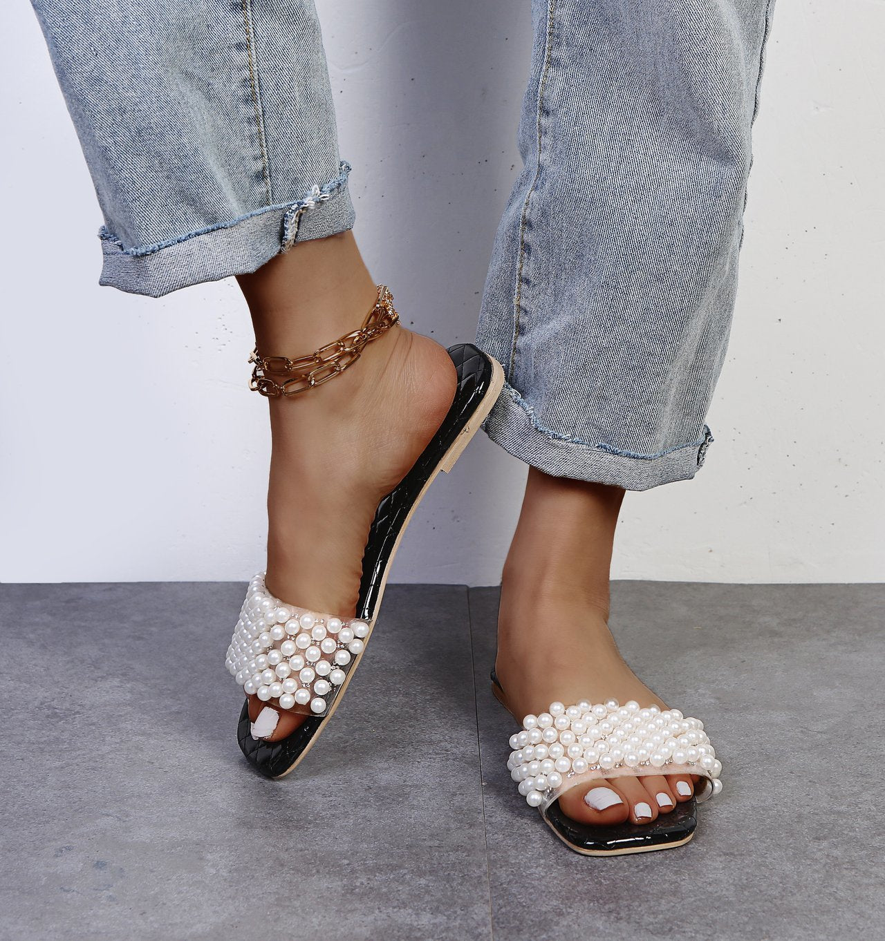 Ladies Summer Flat Slip-On Pearl Sandals 14