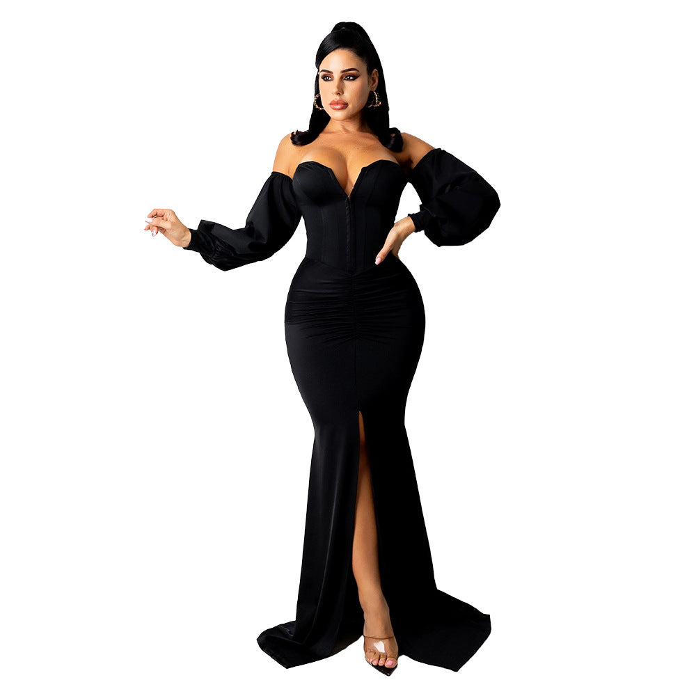 Women Solid Corset Sexy Long Sleeve Slit Party Dress 8