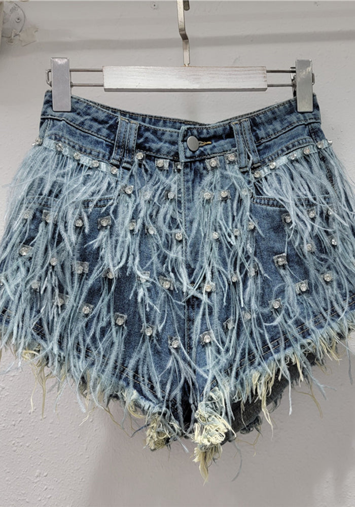 Women Summer Diamond Ostrich Feather Tassel Denim Shorts