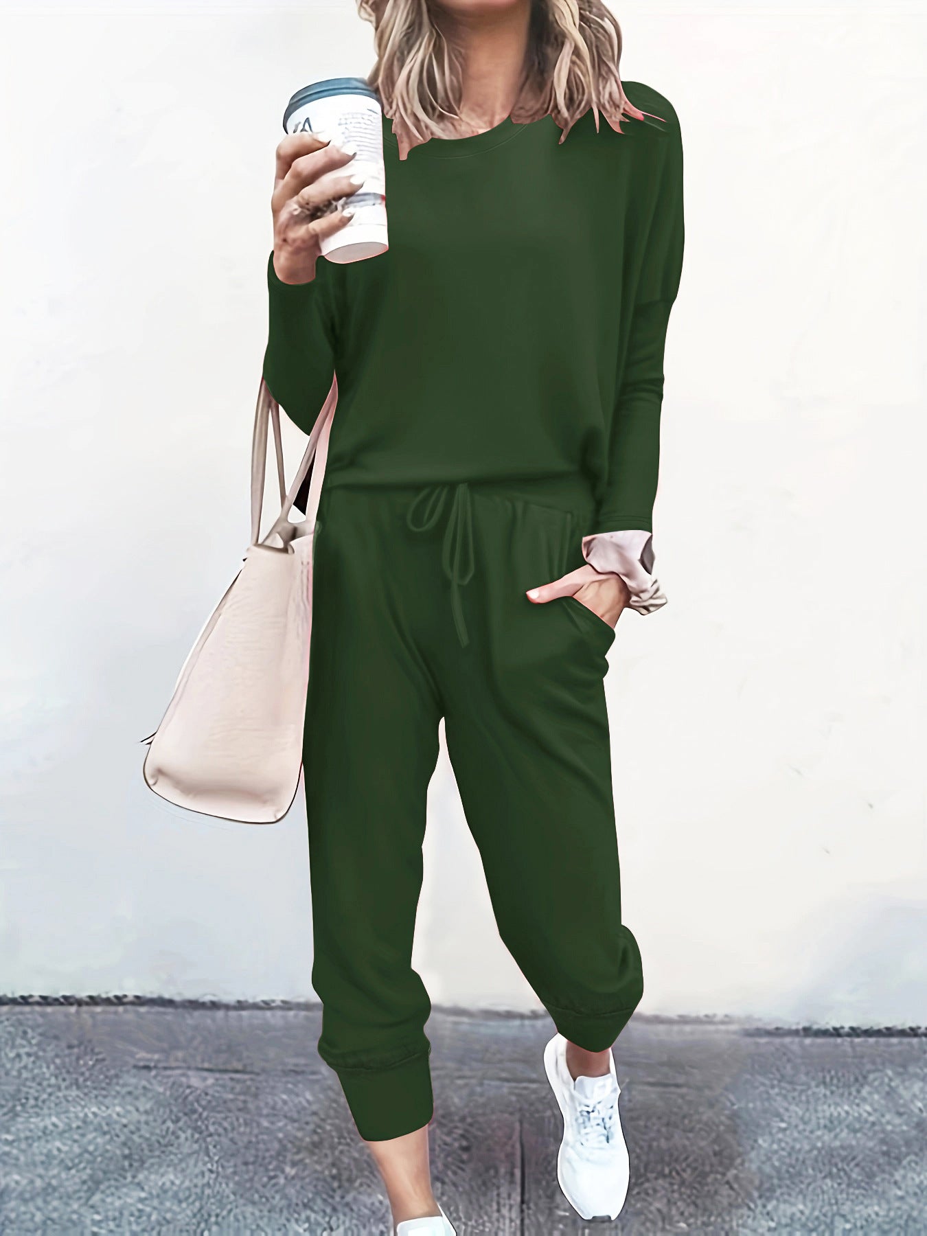 Autumn and Winter Women's Clothing Round Neck Loose Solid Color Long Casual Two-piece Pants Set 6