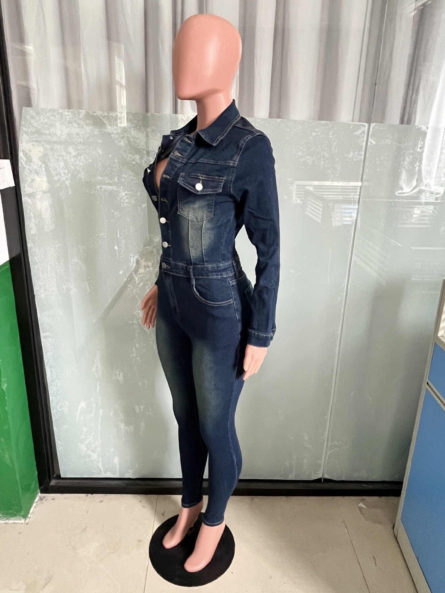 Slim Denim Long-Sleeve Jumpsuit 6