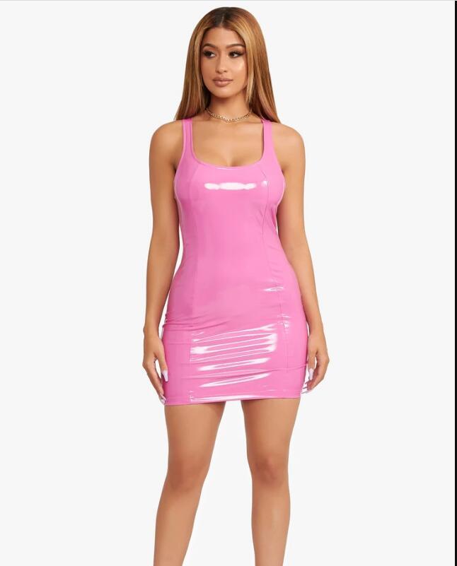 Solid Color Strap Pu Leather Slim Dress 3