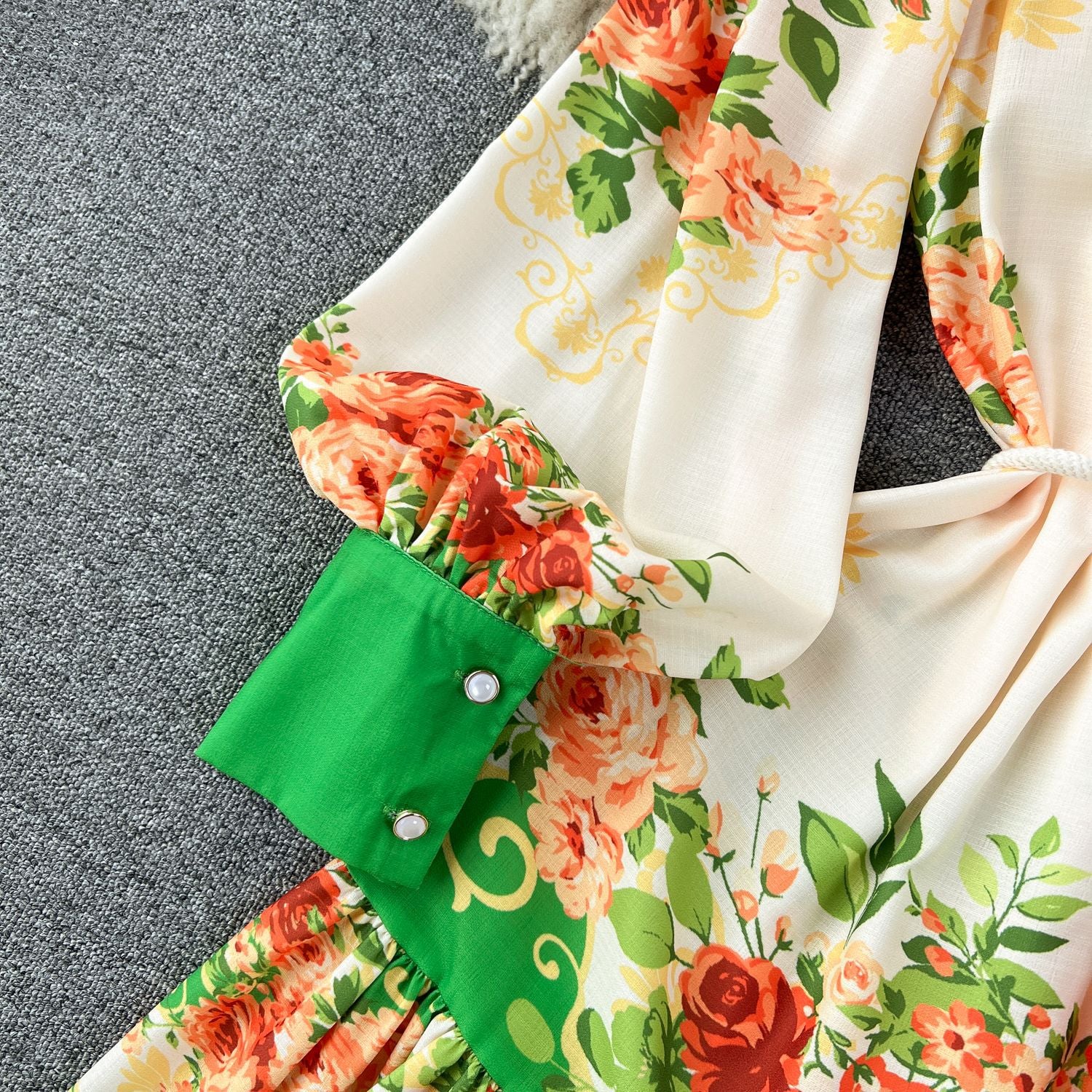 Women French retro print color matching shirt dress 23