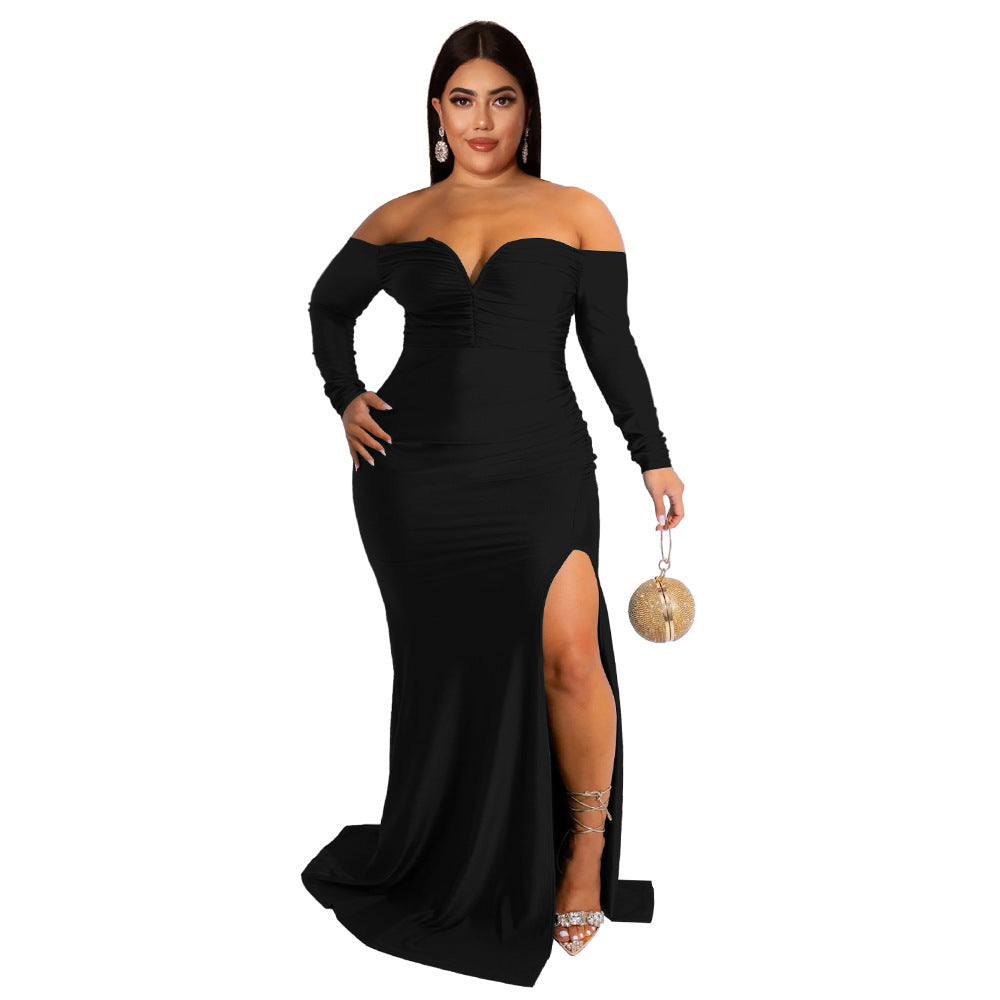 Autumn And Winter Plus Size Women'S Sexy Dress V Neck Solid Color Split Long Nightclub Dress 4