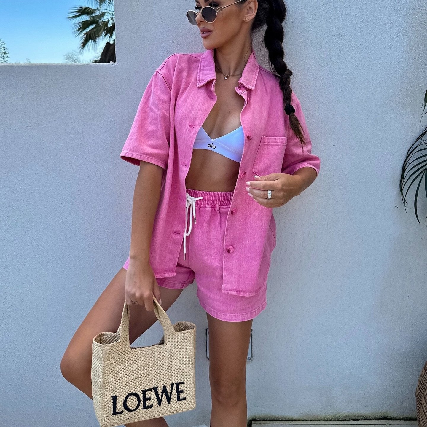 Women Summer Casual Short Sleeve Shirt and Denim Shorts Two Piece Set 8