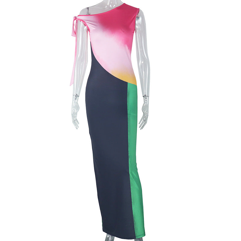 Women Colorblock Lace Off Shoulder Slash Shoulder Dress 6