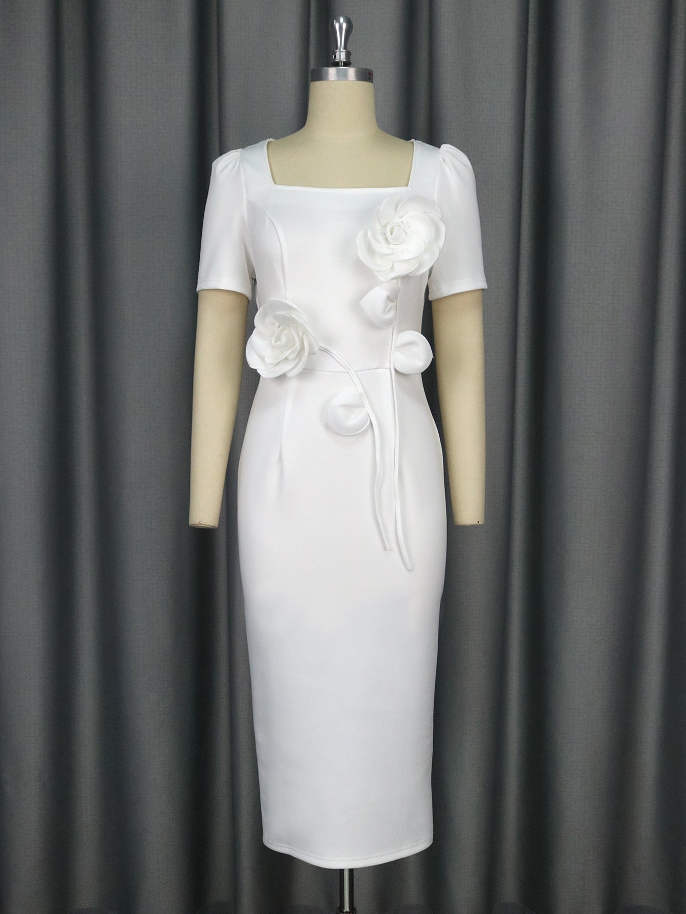 Elegant Square-Neck Ruffle High-Waist Bodycon Flower Formal Party Dress 8