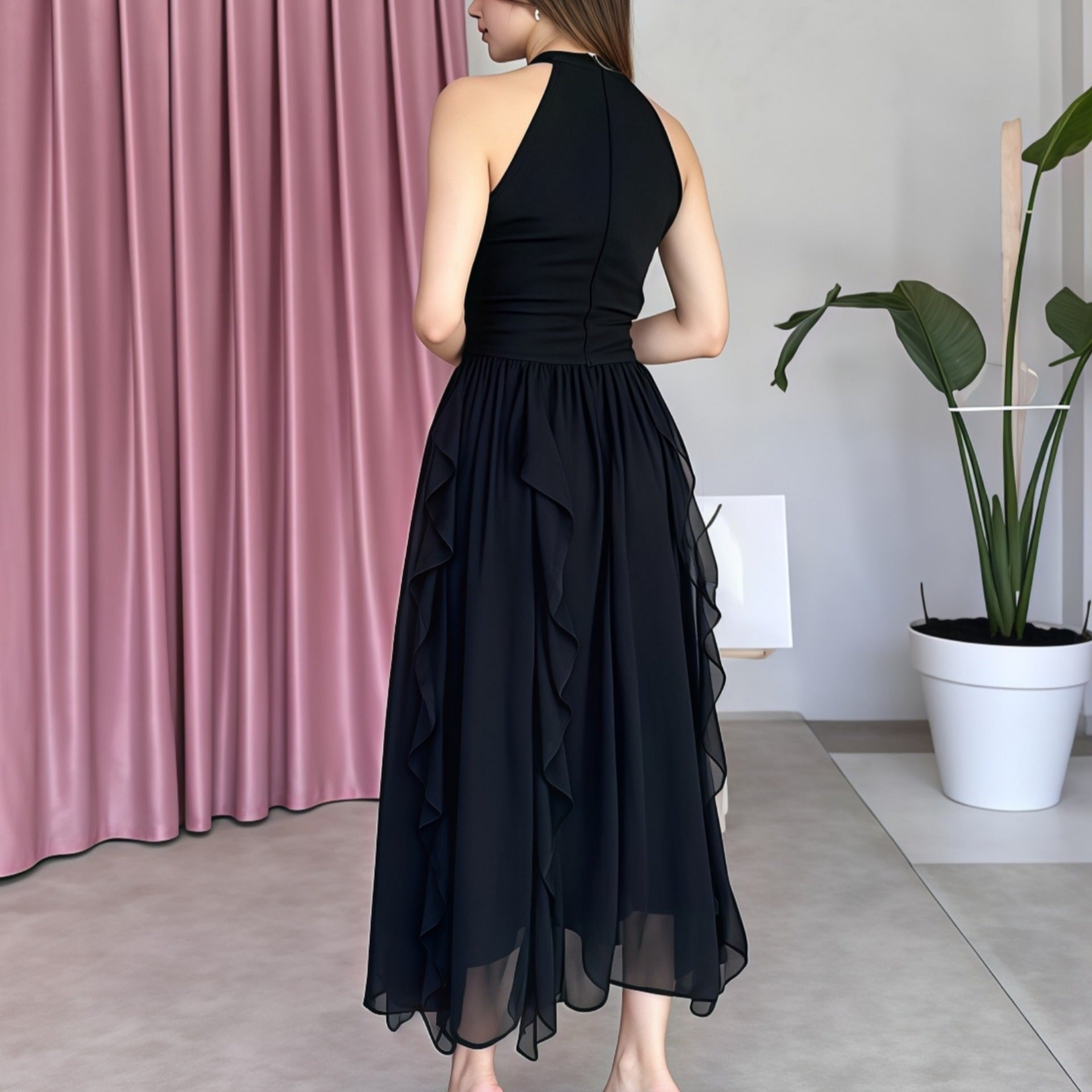 Summer Women's Chic Flounce Slim Waist Slim Fit Ruffled Dress 4