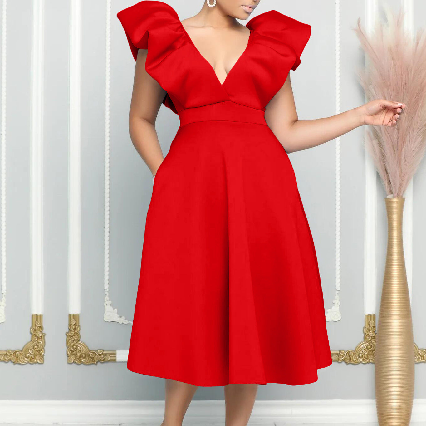 Women's Deep V Neck Sexy Swing Formal Party Dress 4