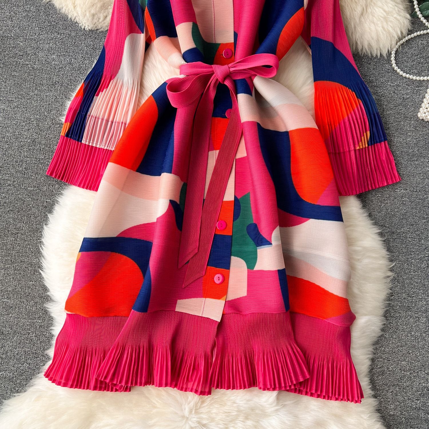 Print Women Summer Loose Slim Fit Casual Pleated Dress 9