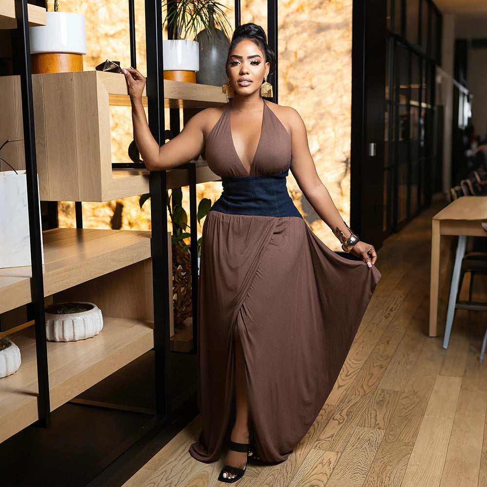 Women Slit Irregular Patchwork V-neck Dress 7