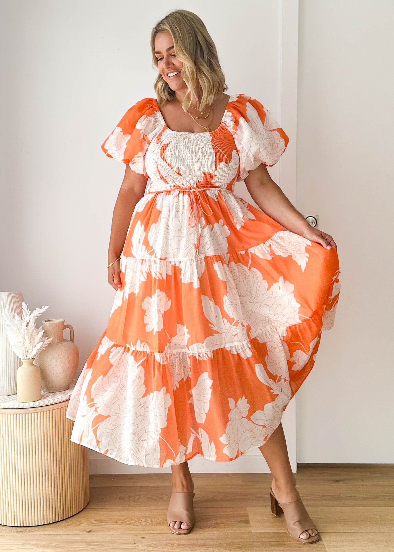 Women Elegant Print Off Shoulder Puff Sleeve Dress 24