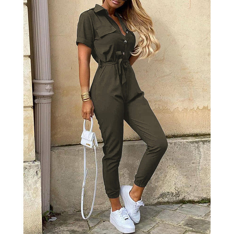 Women'S Summer Cargo Trousers Casual Turndown Collar Buttoned Printed Belt Jumpsuit 10