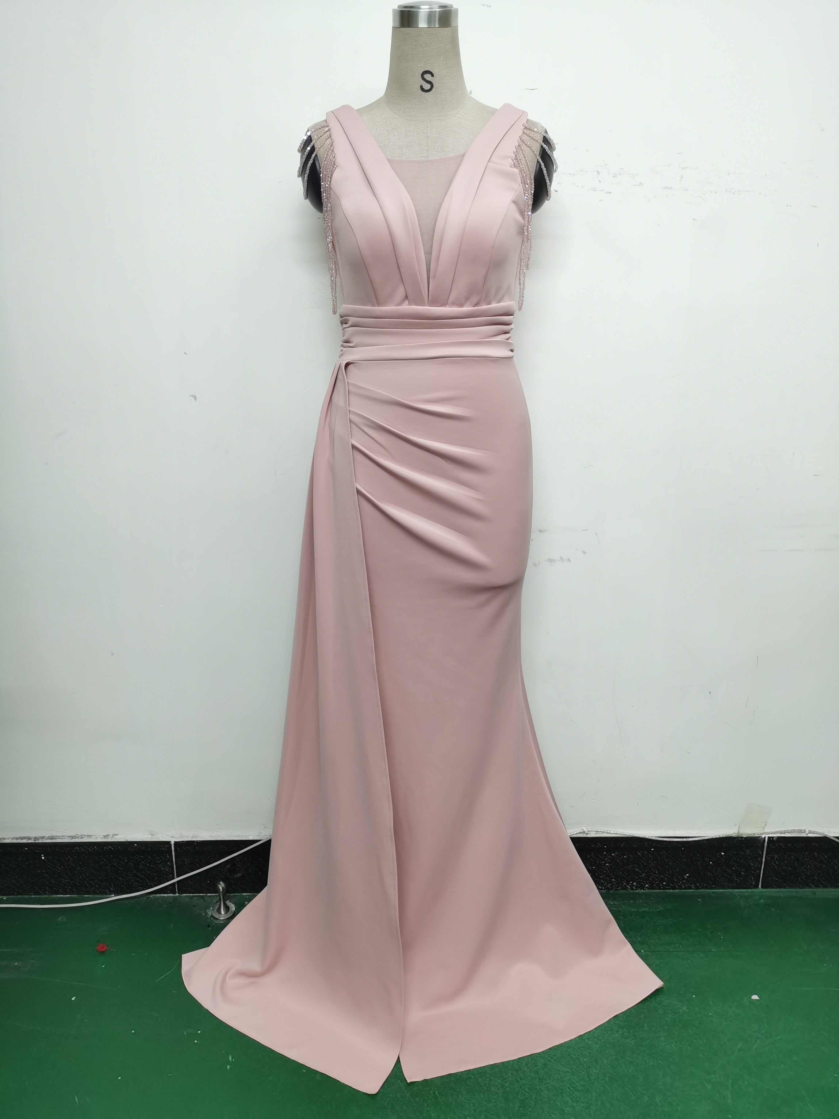 Women Satin Pleated Beaded Evening Dress 21