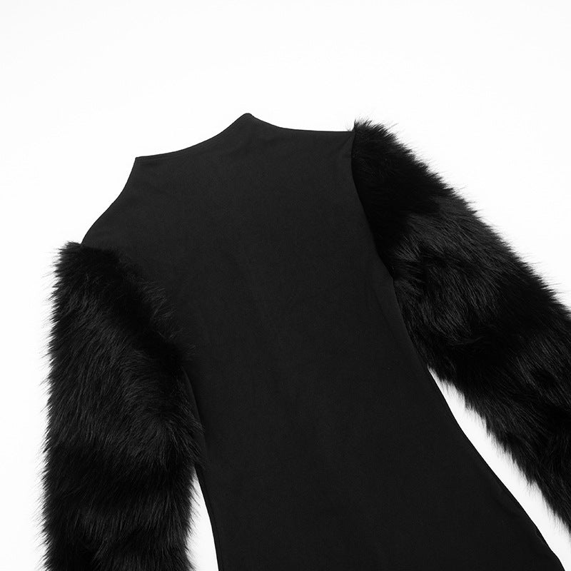 Women Autumn Zipper Neck Long-Sleeved Fur Paneled Sexy Bodycon Dress 17