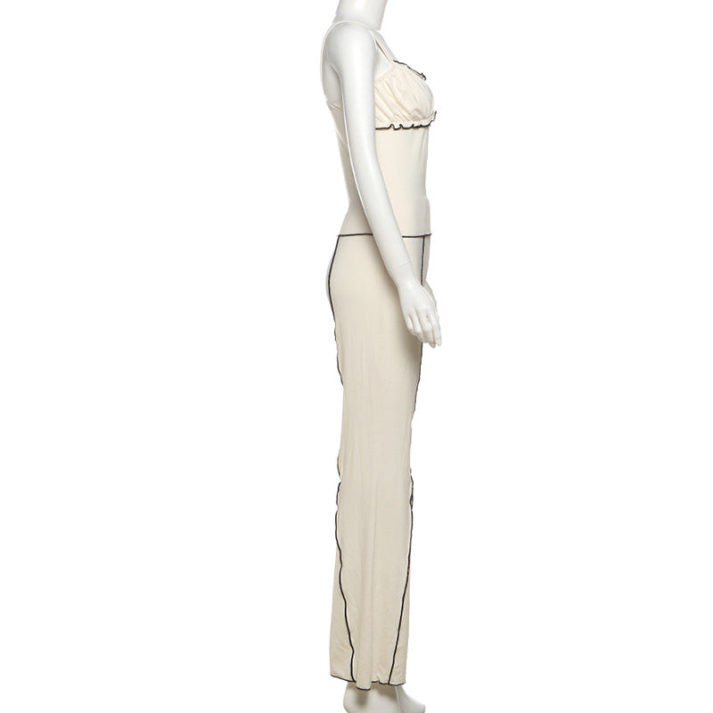 Summer women's fashion sweet sexy Strap pleated vest high waist trousers set 7