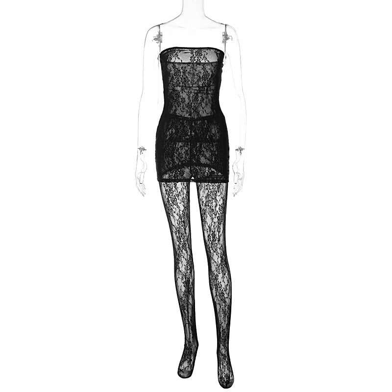 Women's summer lace sexy See-Through wrap bust dress trousers two-piece set 12