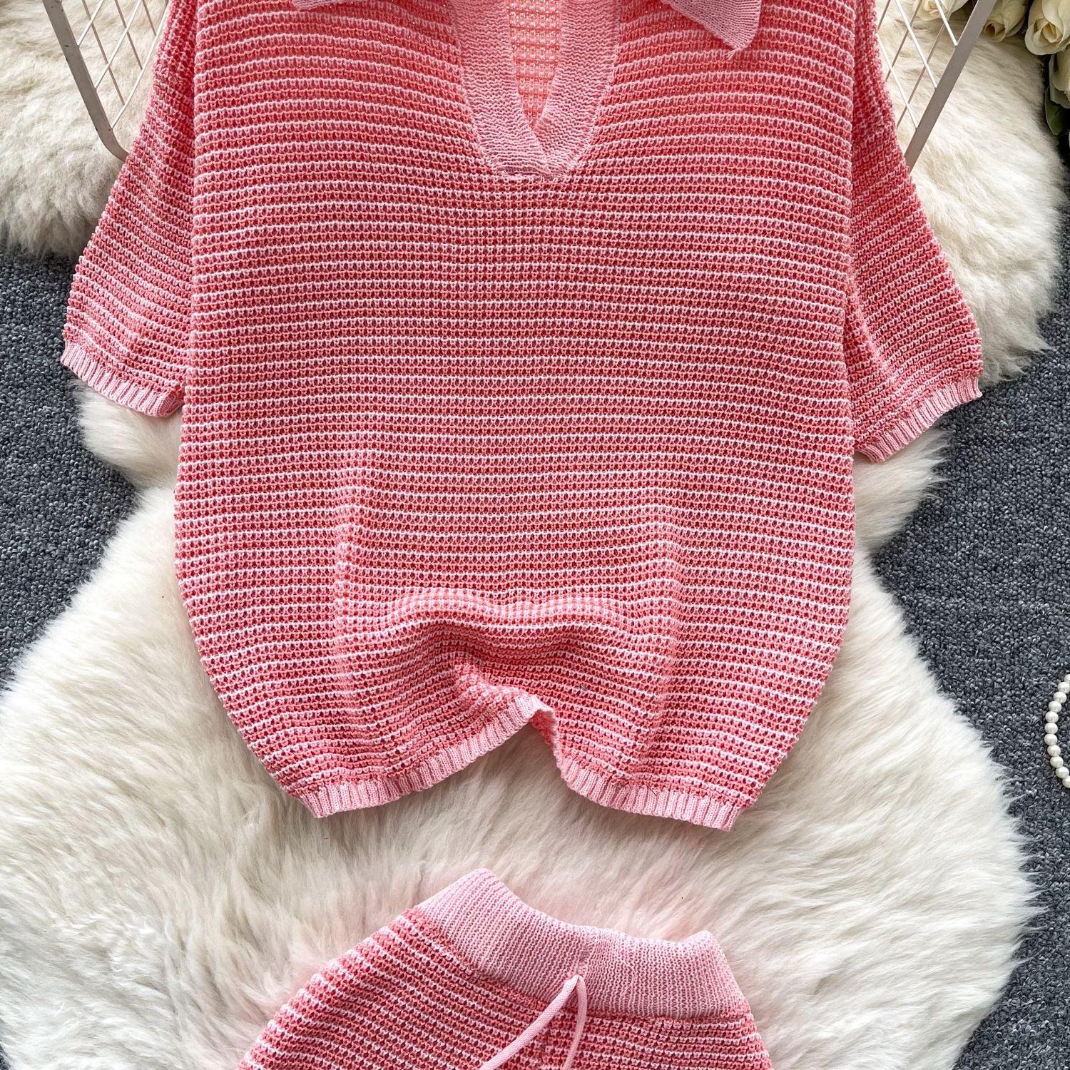 Women's Summer Turndown Collar Short Sleeve Hollow Knitting Top Tight Fitting Shorts Fashion Two Piece Set 13