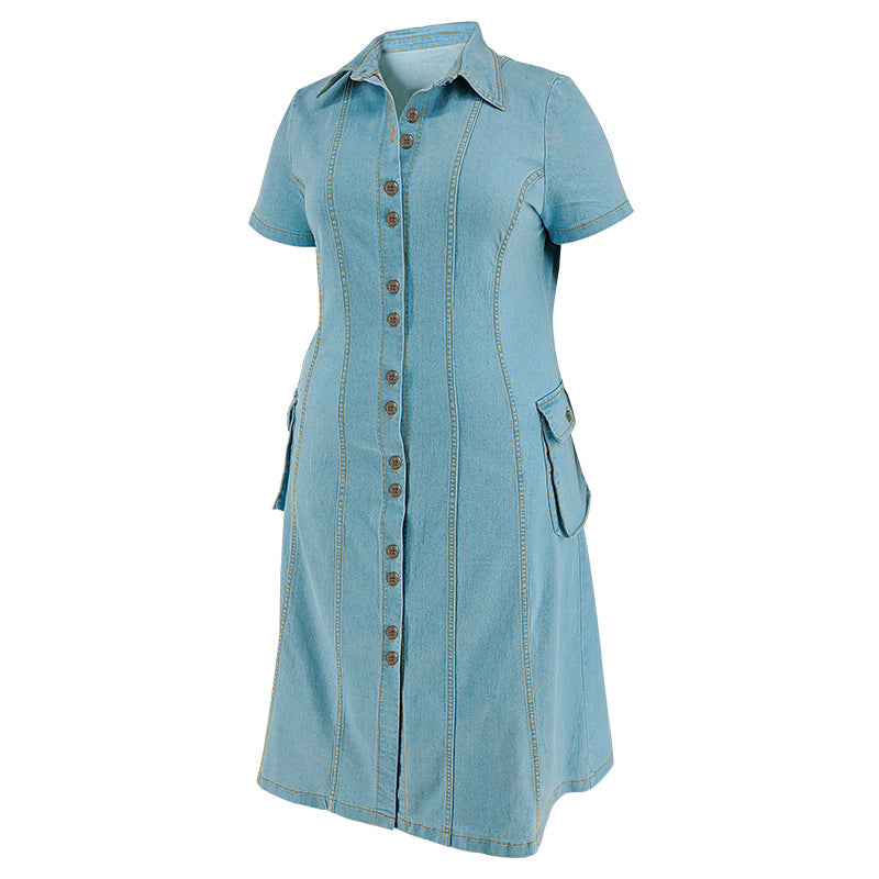 Plus Size Women's Turndown Collar Short Sleeve Button Fashion Denim Dress 6